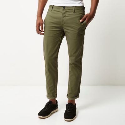 Green stretch cropped slim chino trousers